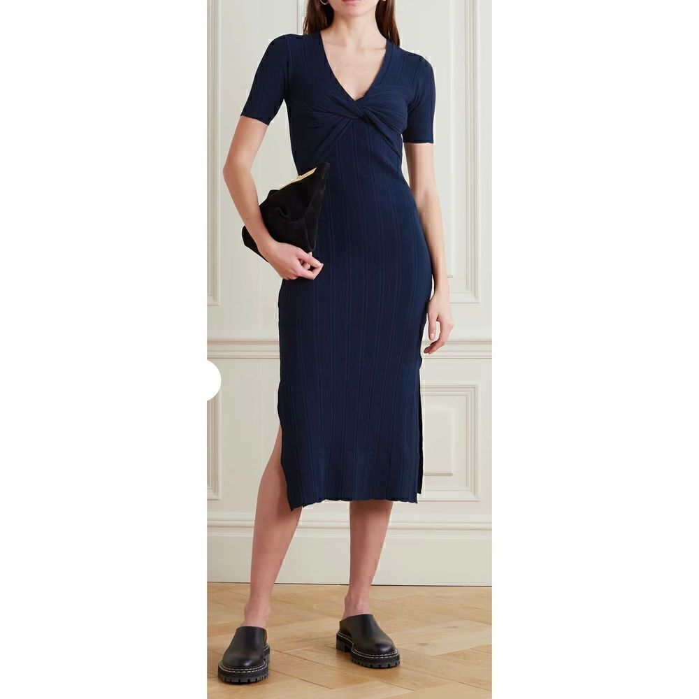 Frame Twist-Front Ribbed Stretch-Knit Midi Dress in Navy NWOT Size Small